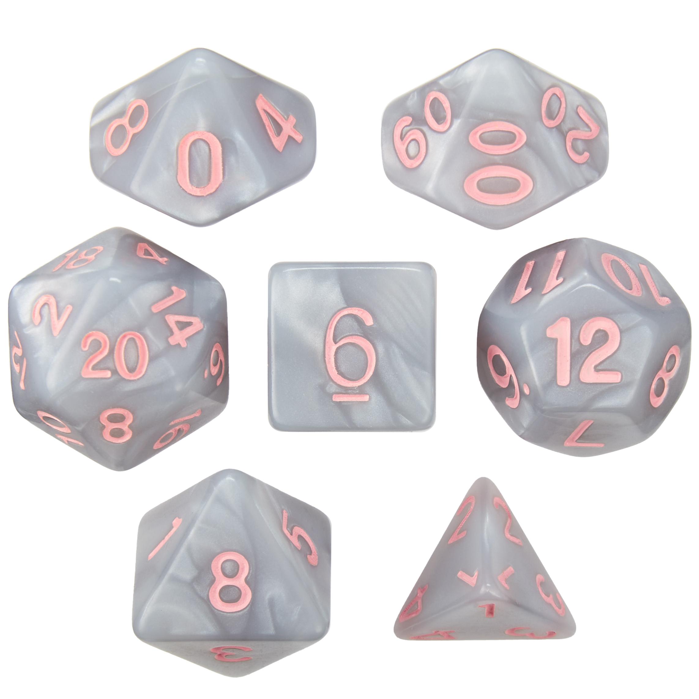 Set of 7 Dice - Fairy Quartz - Pearlized Gray with Pink Paint