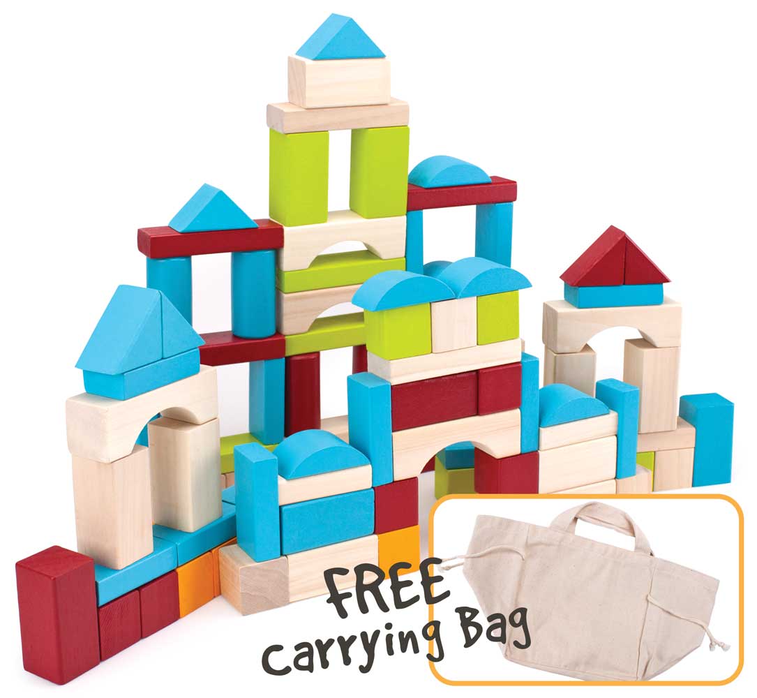 Wood Building Block Set (100 Pieces) - Includes Carrying Bag
