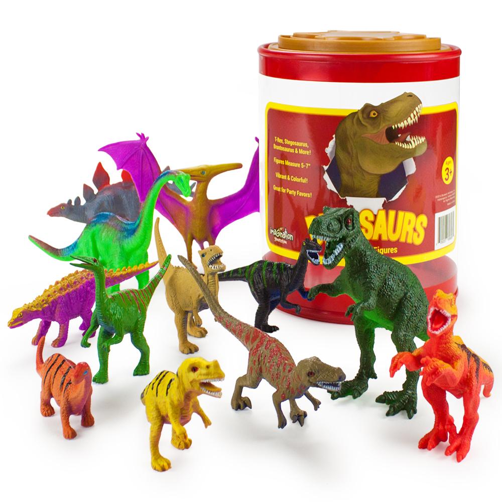 Set of 12 Large 7" Dinosaur Toys with Storage Drum