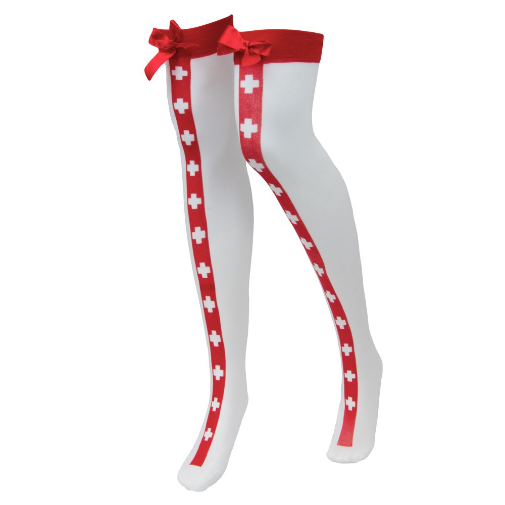 Thigh-High Red Stripe Nurse Costume Tights, White