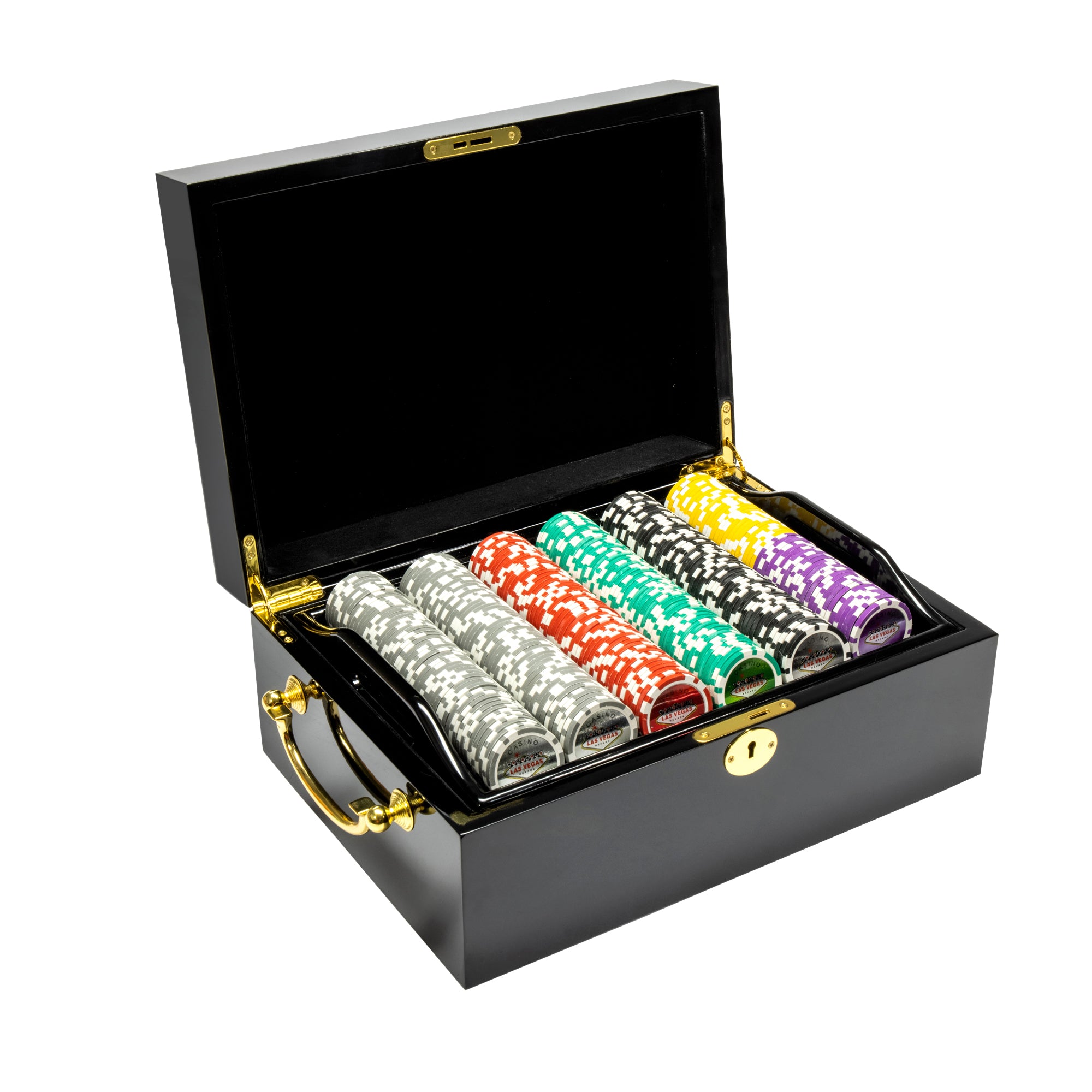 Las Vegas 14-gram Poker Chip Set in Black Mahogany Wood Case (500 Count) - Clay Composite