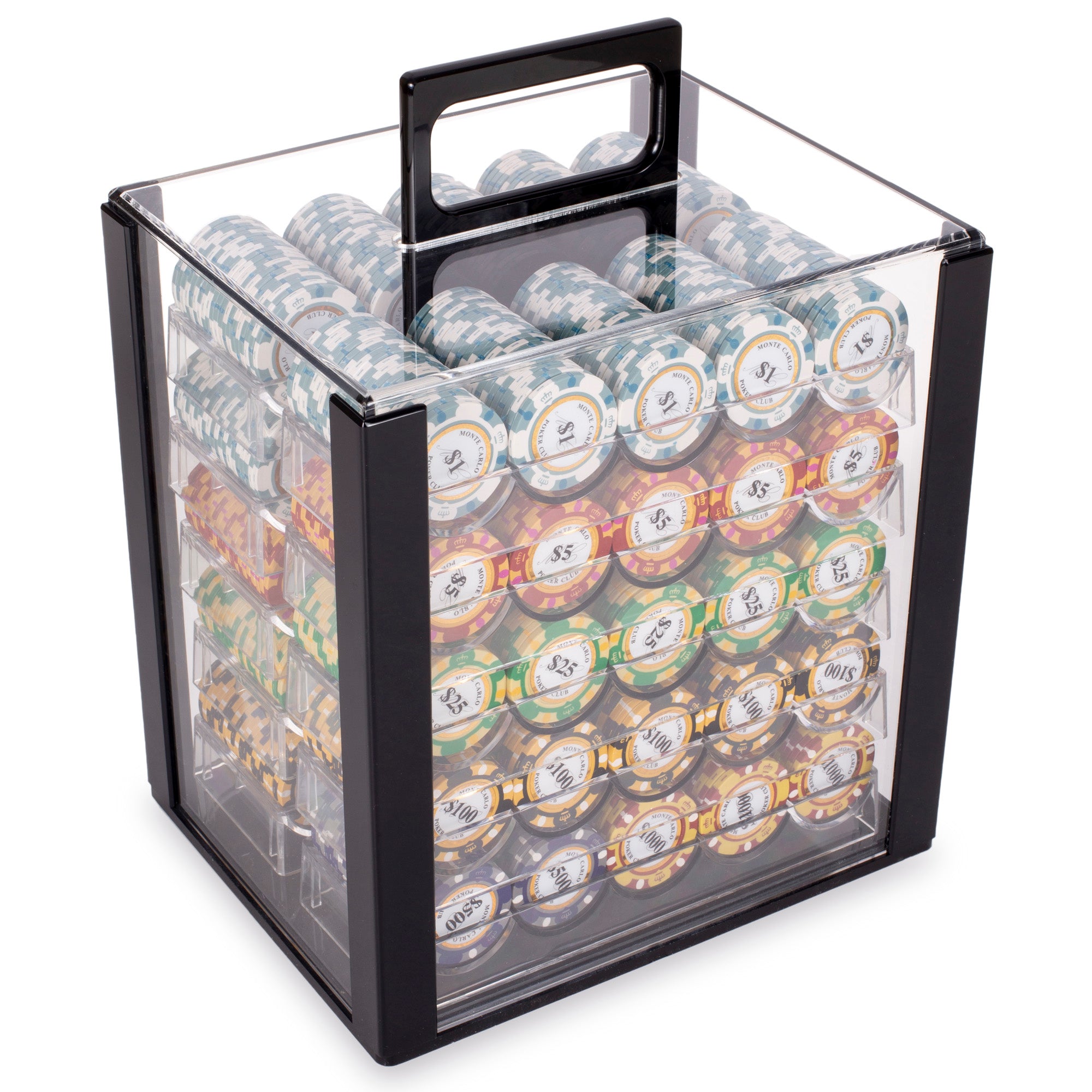 Monte Carlo 14-gram Poker Chip Set in Acrylic Case (1000 Count) - Clay Composite Holo Inlay