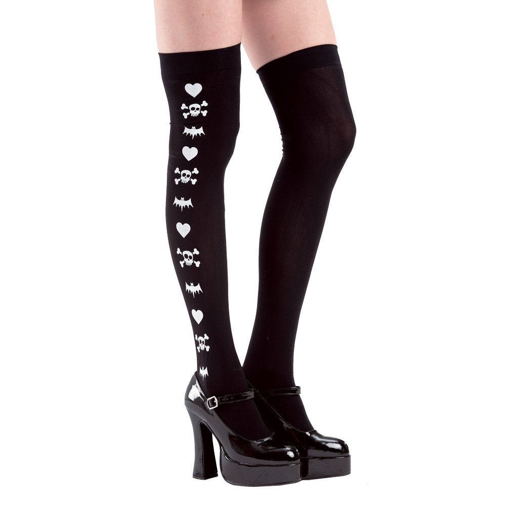 Black Spooky Print Thigh High Costume Tights