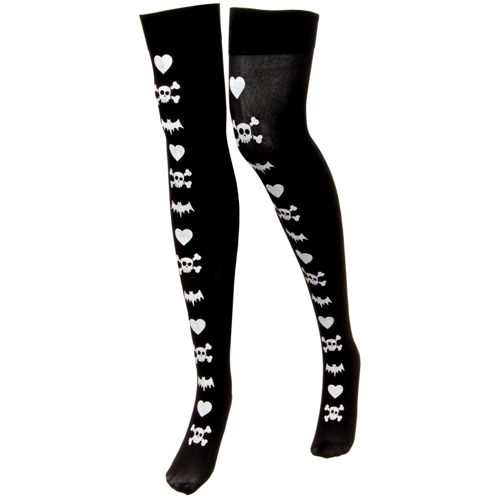 Black Spooky Print Thigh High Costume Tights