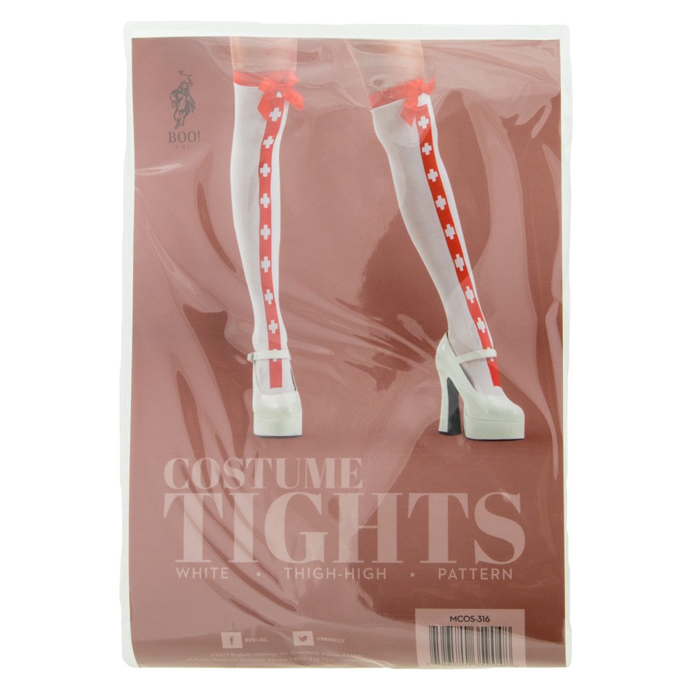 Thigh-High Red Stripe Nurse Costume Tights, White