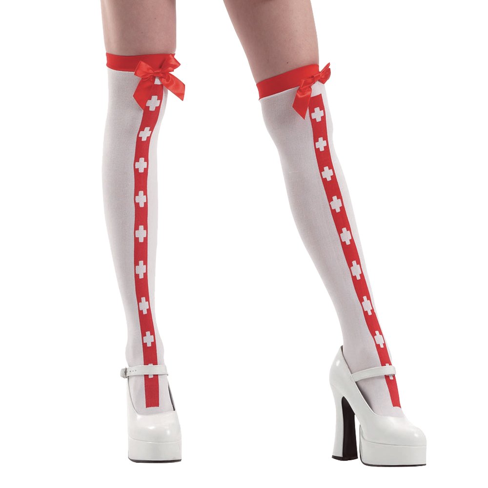 Thigh-High Red Stripe Nurse Costume Tights, White